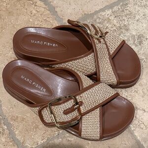 Marc Fisher Brown Leather & Woven Beige Slide Sandals with Gold Buckle